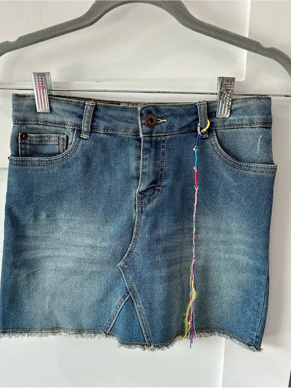 Lucky Brand Kids Denim Mini Skirt Size 10 Raw Hem Boho Braided Charm Distressed